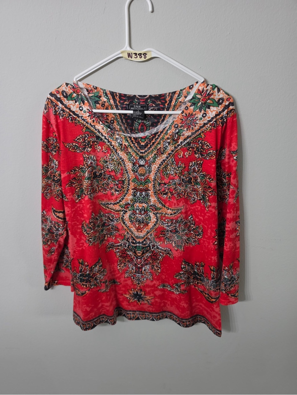 Lisa International Women’s Embellished Boho Print Top Size Large